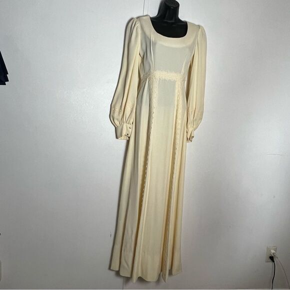 Vintage 1960s 70s Boho Cream Gunne Sax Puff Sleeve Lace Maxi Prairie Dress S - Picture 1 of 16
